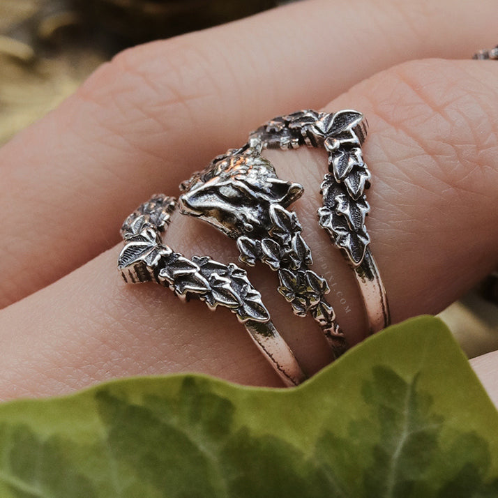 Silver Nature Inspired Woodland Creature Fox and Ivy Rings