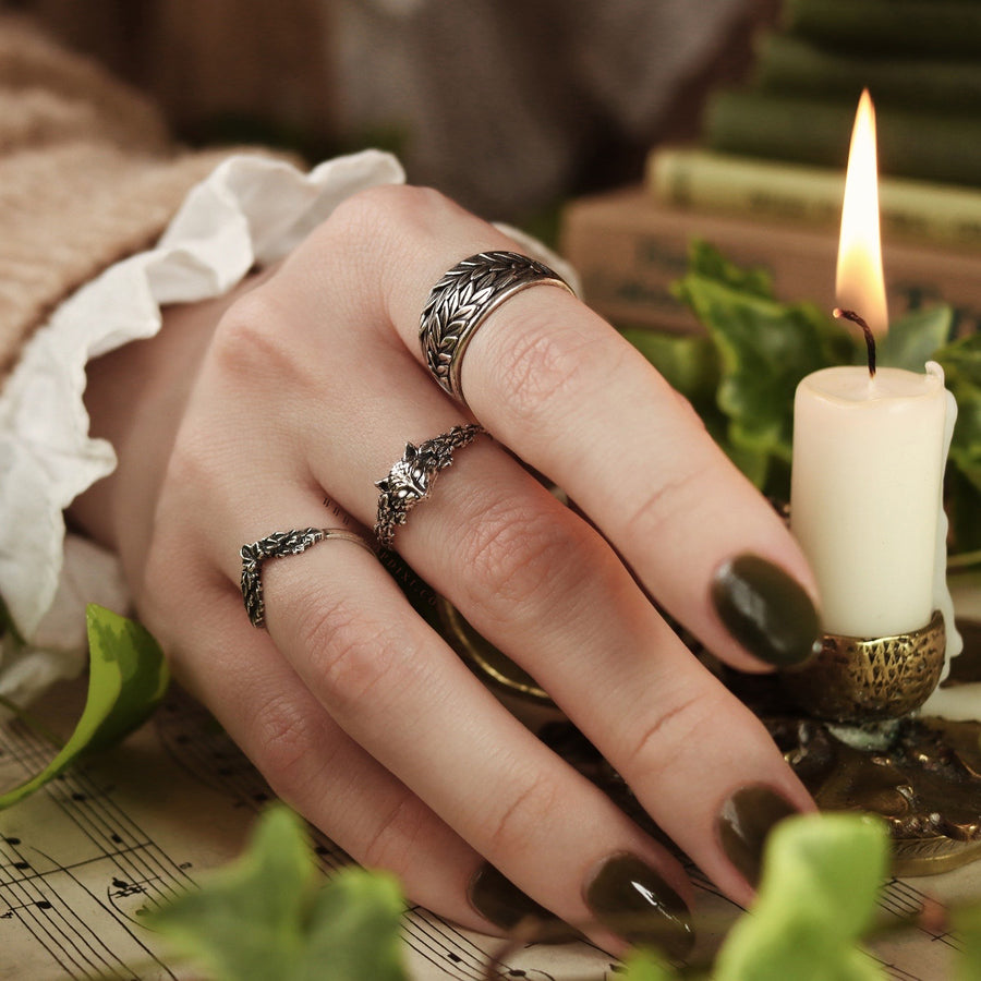 Nature Witch Gothic Aesthetic Silver Fox Ivy Leaf Wreath Rings