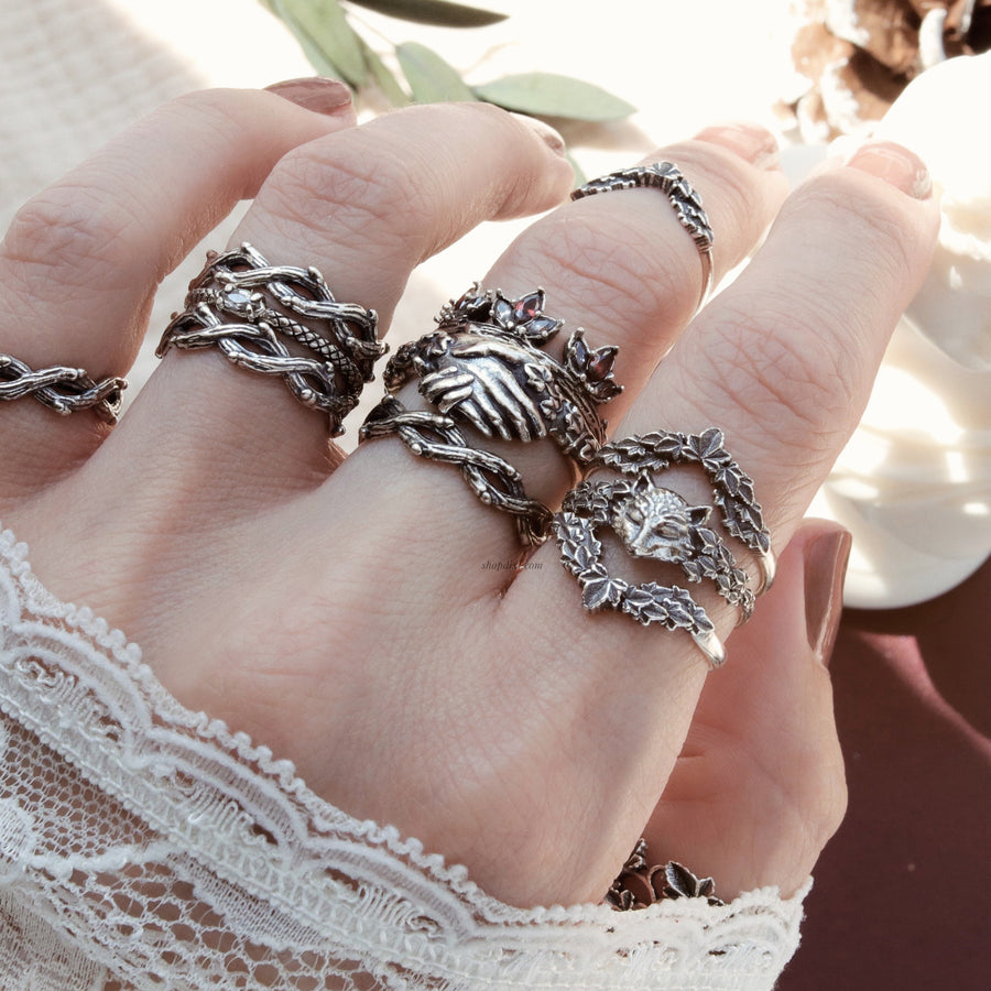Sterling Silver Fox and Ivy Nature Witch Rings