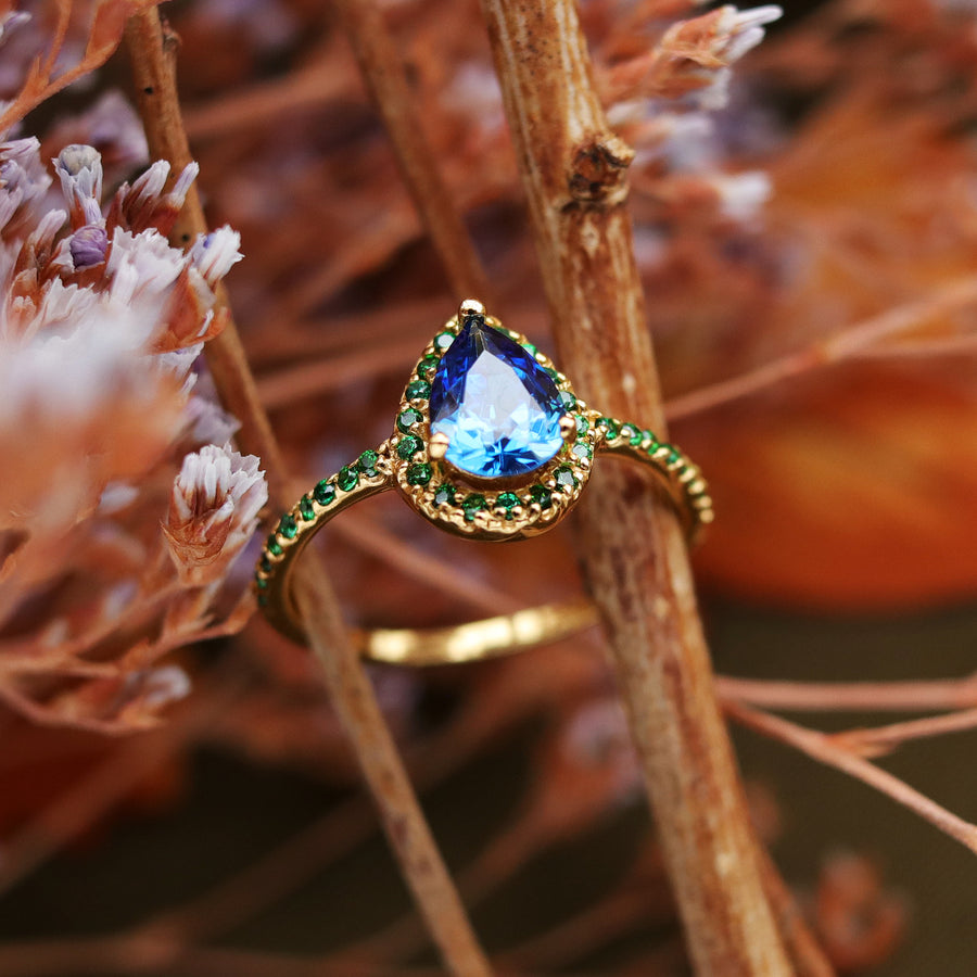 Andrasta Gold and Blue Boho Cubic Zirconia Ring