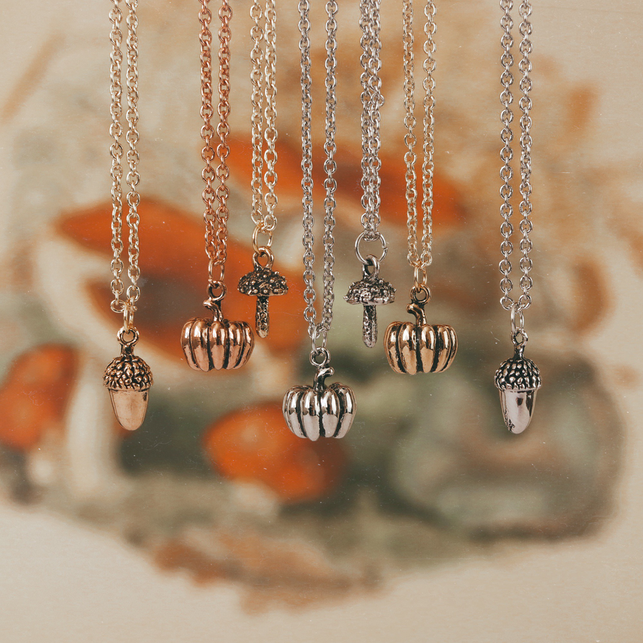 Bohemian Magical Nature Inspired Pumpkin, Acorn, and Toadstool Necklaces from Shop Dixi