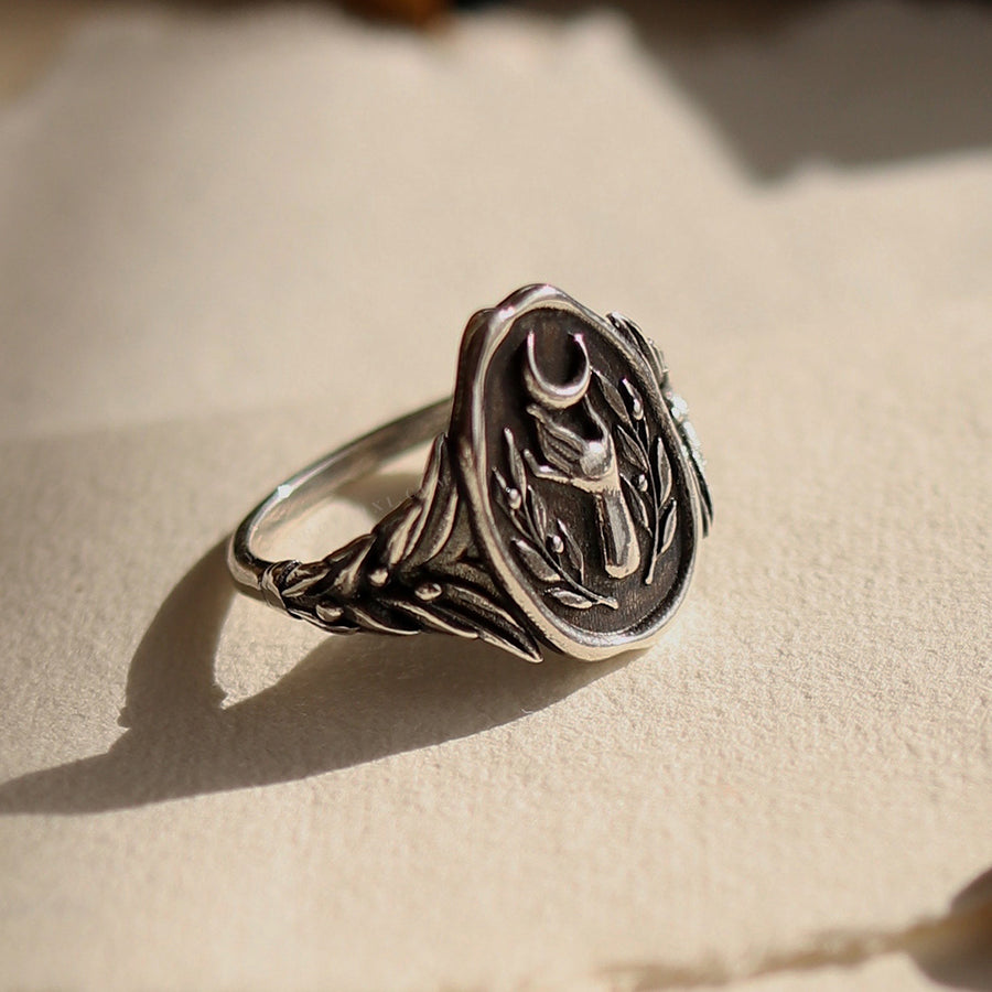 Greek Mythology Moon Goddess Hand Moon Olive Leaf Ring