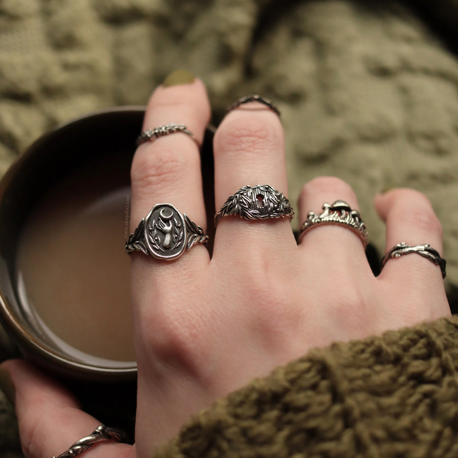 Cosy Green Moon Goddess Aesthetic 925 Sterling Silver Rings by Dixi