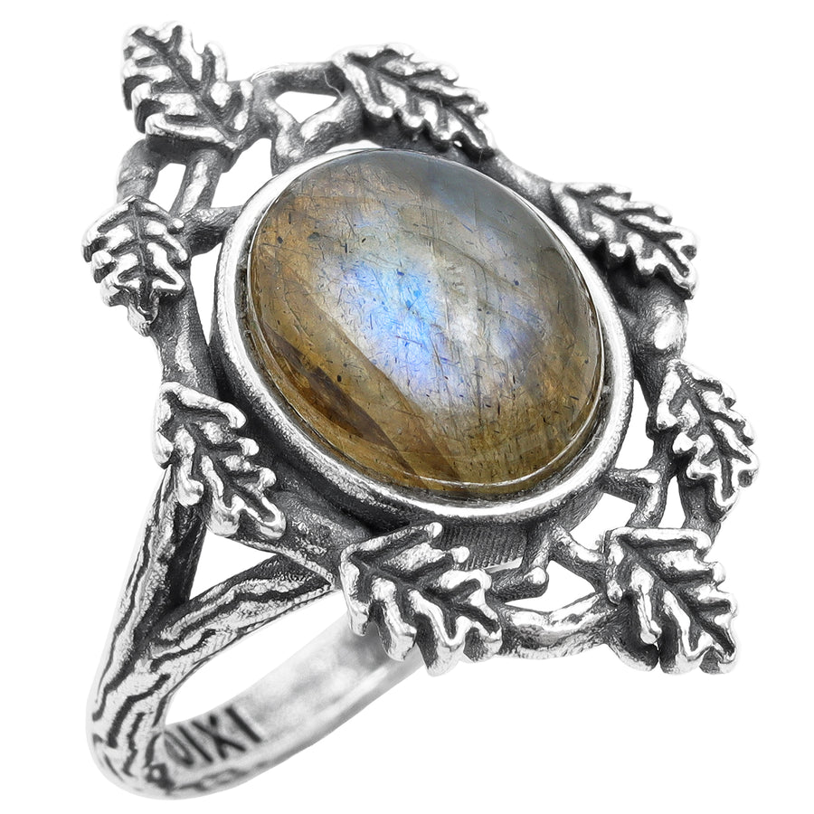 Nature Witch Antiqued Thorn Branch Oak Leaf Labradorite Stone Dark Autumn Aesthetic Forest Lover Ring