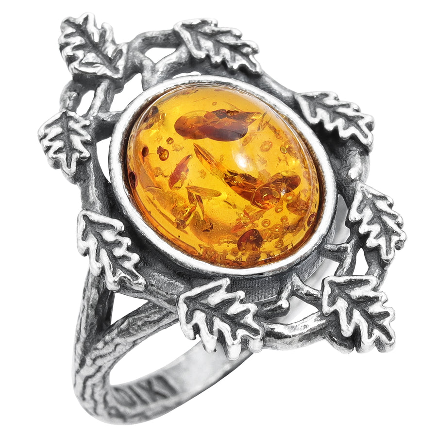 Nature Witch Antiqued Thorn Branch Oak Leaf Amber Autumn Aesthetic Ring
