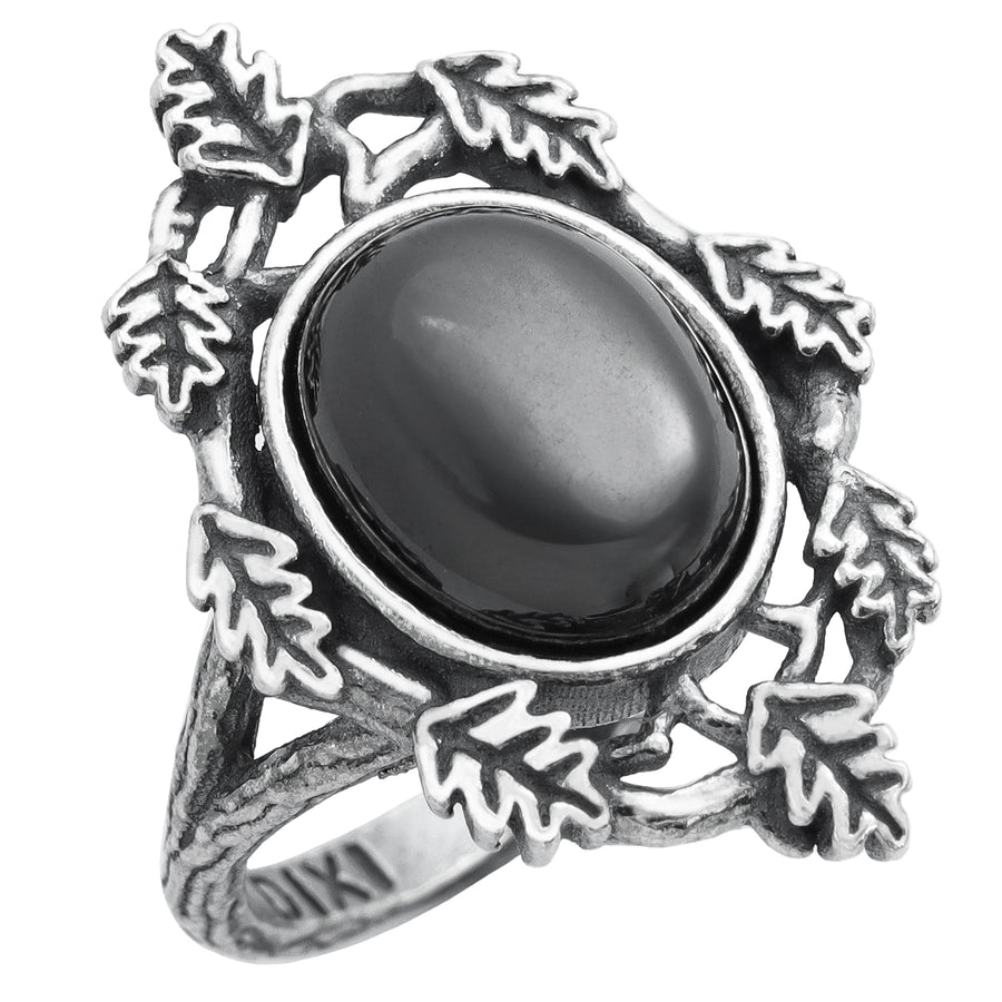 Nature Witch Antiqued Thorn Branch Oak Leaf Ink Black Dark Autumn Aesthetic Ring