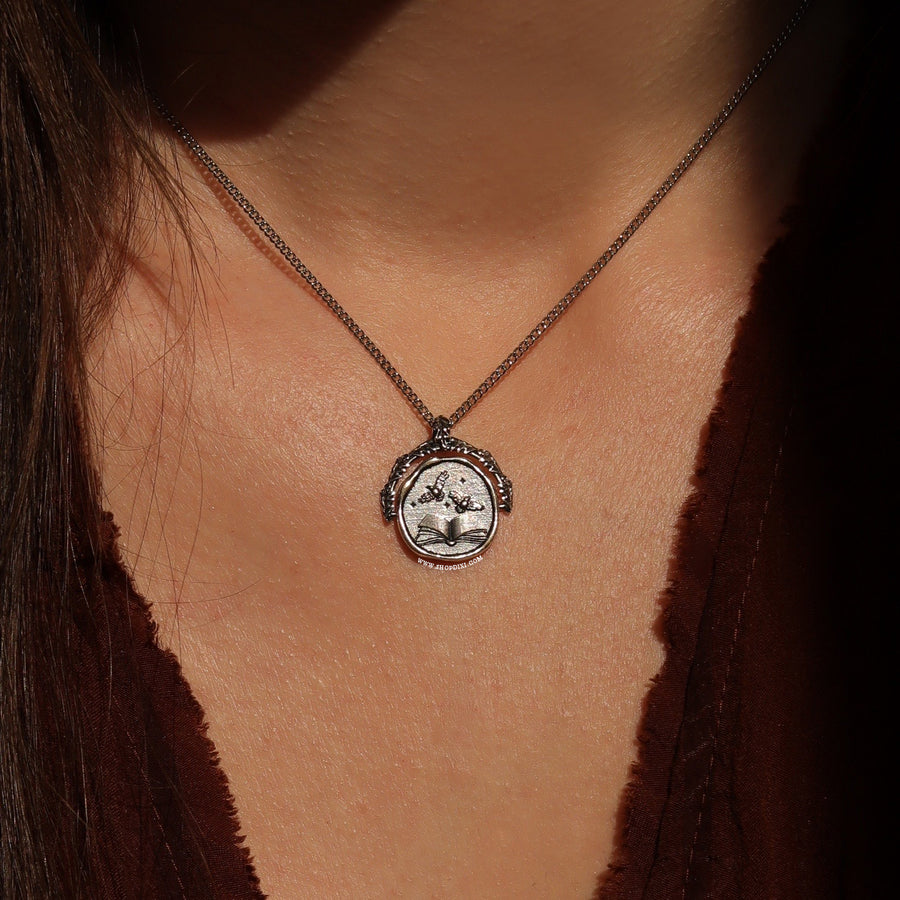 Sterling Silver Autumn Aesthetic Pumpkin Crescent Moon Corvus Crow Nature Lovers Spinner Necklace 