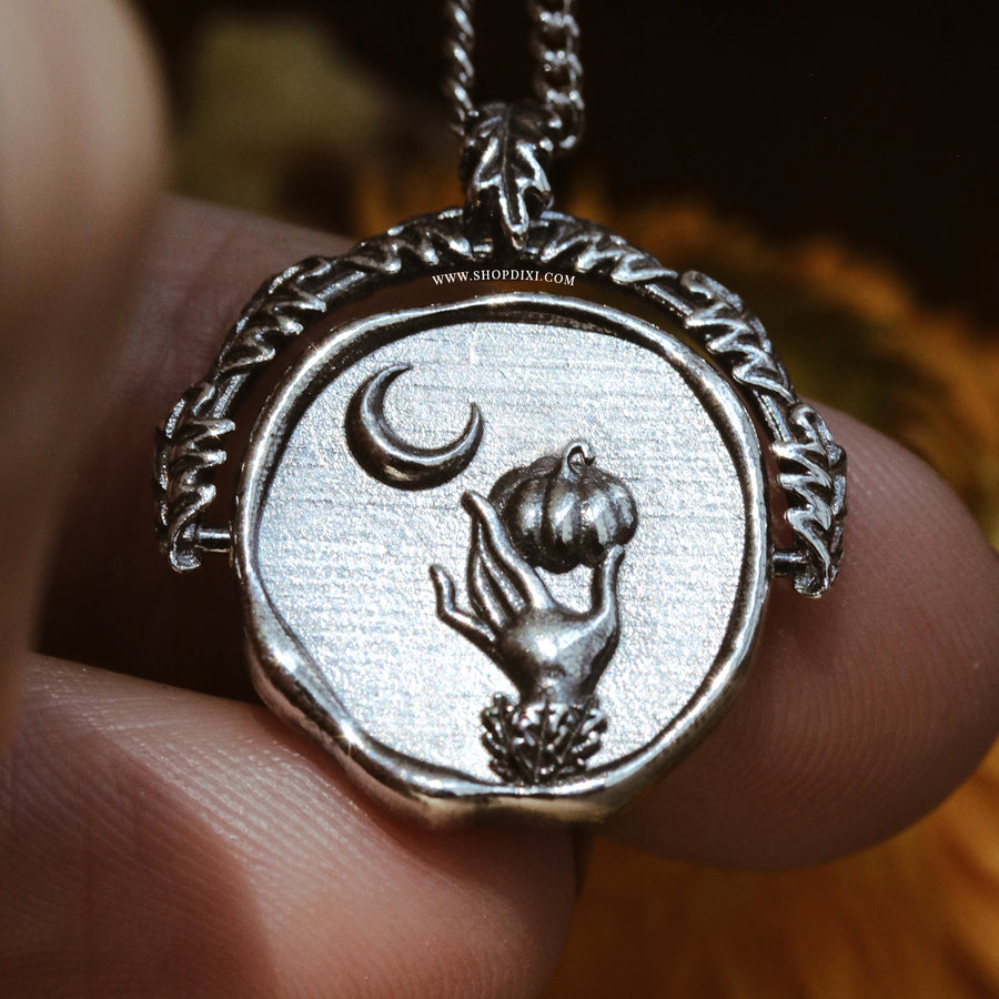 Sterling Silver Autumn Aesthetic Pumpkin Crescent Moon and Oak Leaf Nature Witch Spinner Necklace 