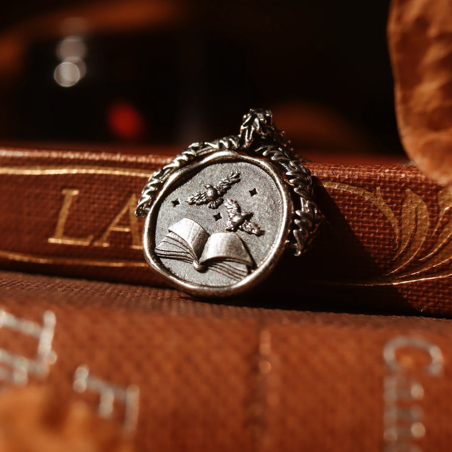 Sterling Silver Autumn Academia Pumpkin Crescent Moon Corvus Raven Nature Witch Spinner Necklace 