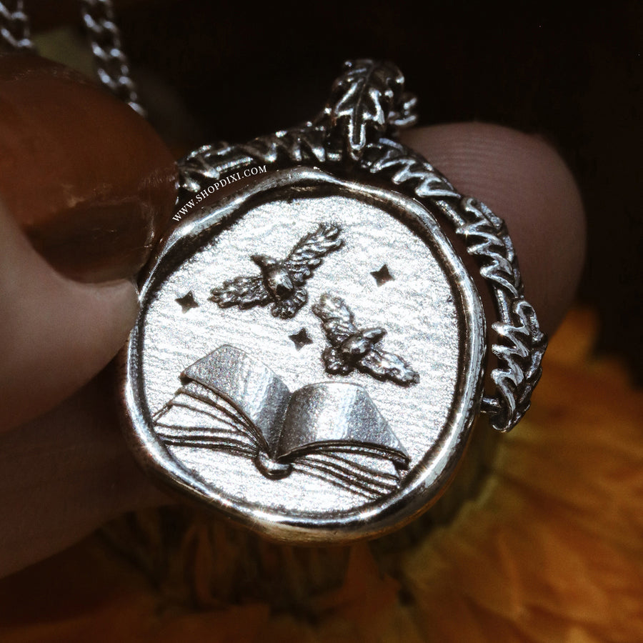 Sterling Silver Autumn Aesthetic Bookish Dark Academia Corvus Raven Nature Witch Spinner Necklace 