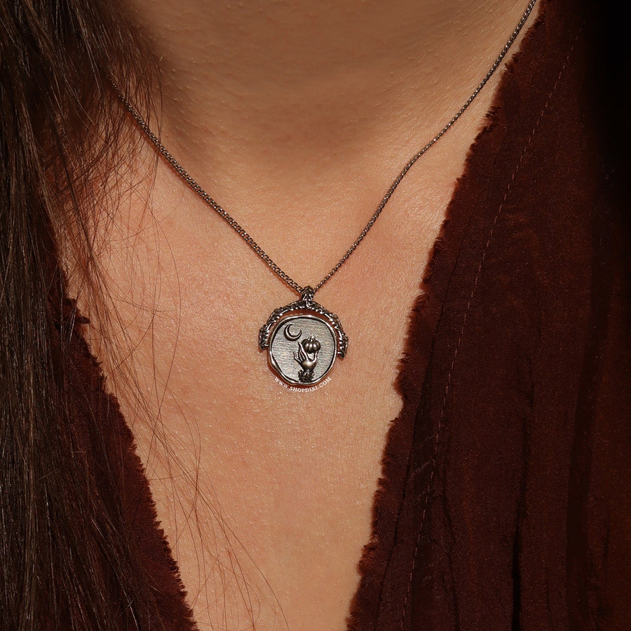 Sterling Silver Autumn Aesthetic Pumpkin Crescent Moon Corvus Raven Nature Witch Spinner Necklace 