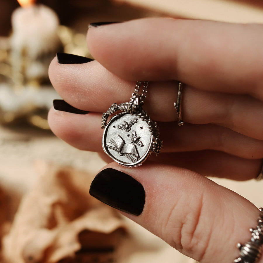 Sterling Silver Witchy Aesthetic Book Lovers Gothic Corvus Raven Nature Witch Spinner Necklace 