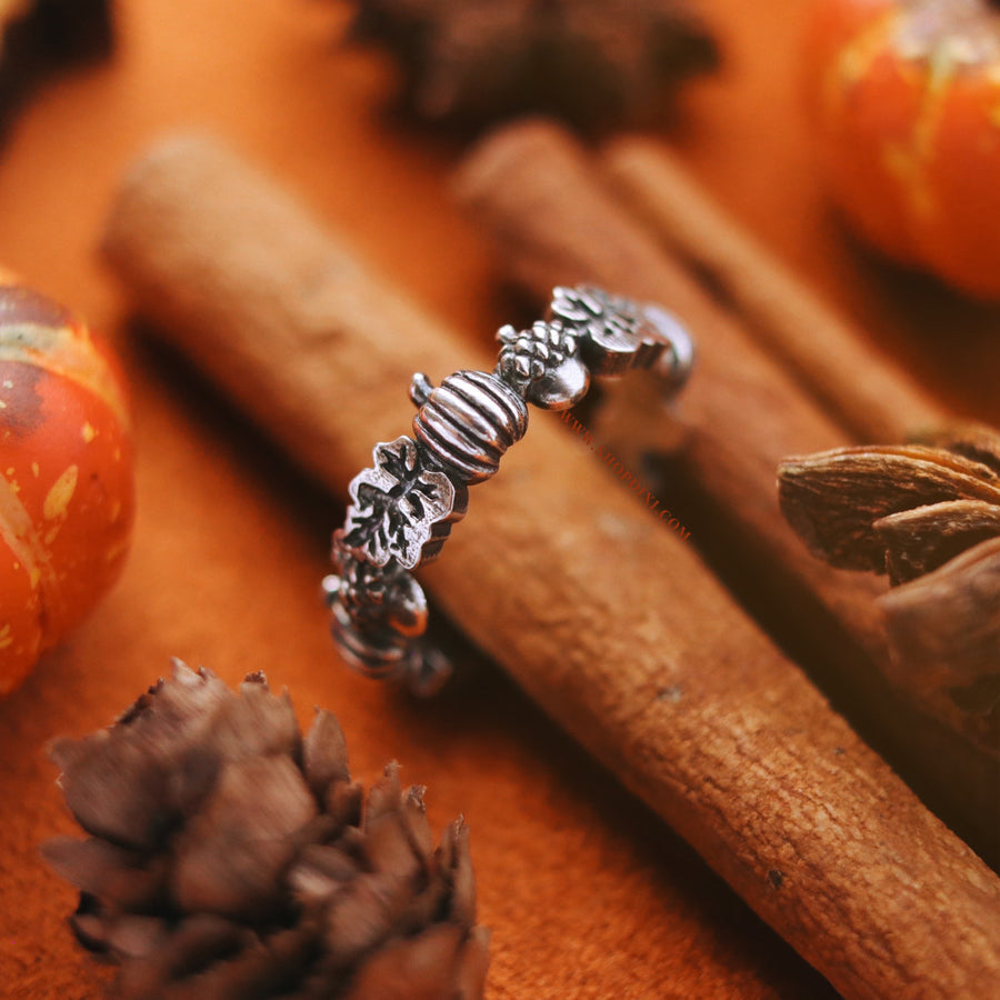 Pumpkin, Acorn & Leaf Sterling Silver Ring by Shop Dixi