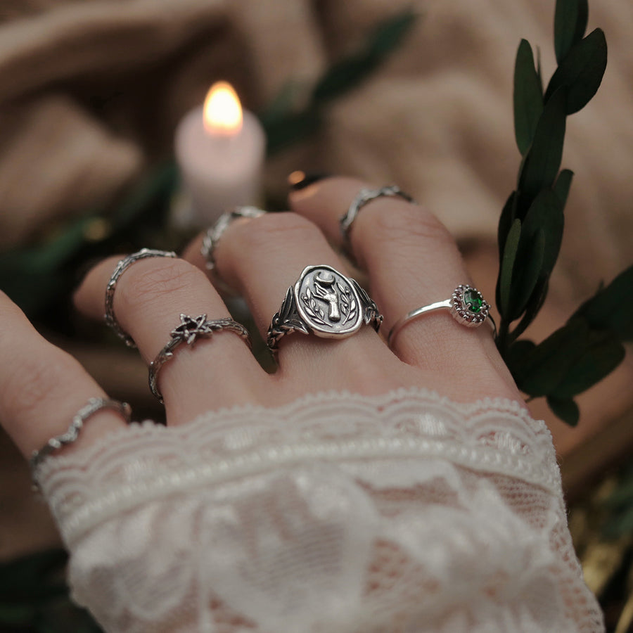 Sterling Silver Wax Seal Moon Olive Laurel & Pentagram Ring