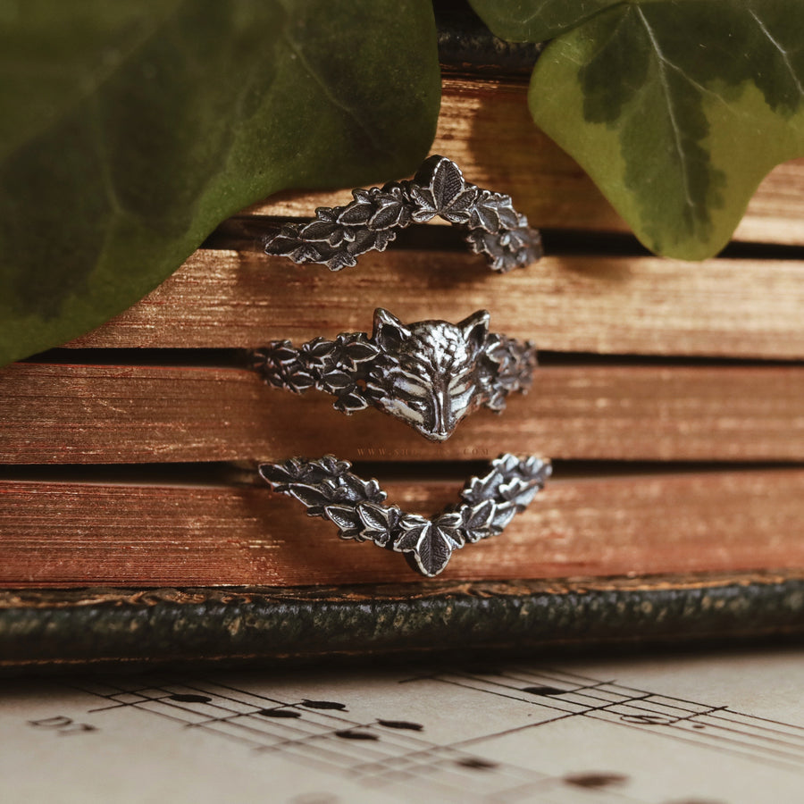 Nature Lover Ivy Leaf Cute Fox Sterling Silver Rings