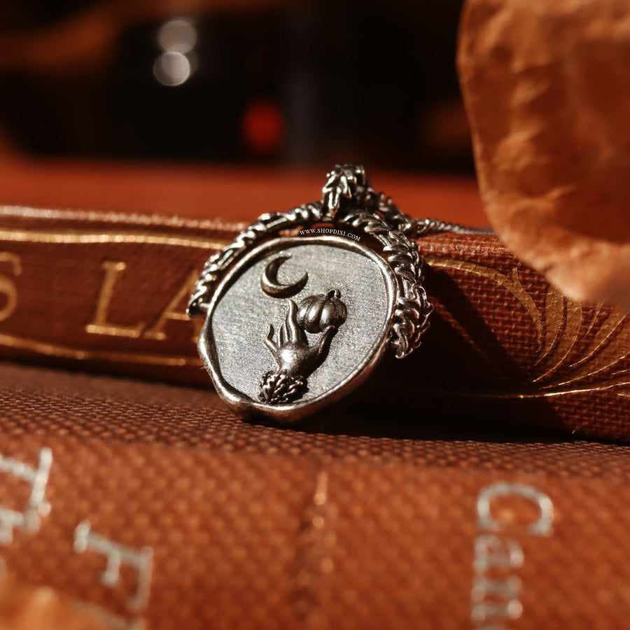 Sterling Silver Autumn Aesthetic Pumpkin Crescent Moon Corvus Raven Nature Witch Spinner Necklace 