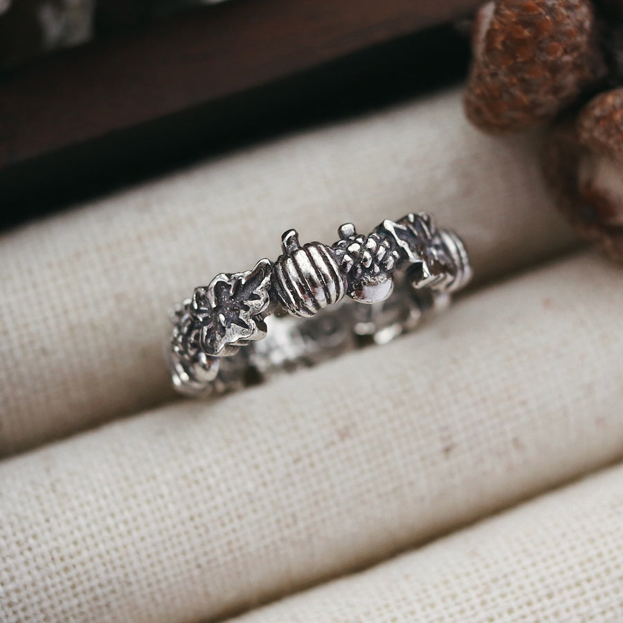 Witchy Pumpkin Leaf Acorn Autumnal Silver Ring by Dixi