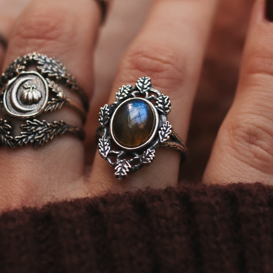 Nature Witch Antiqued Thorn Branch Oak Leaf Labradorite Autumn Aesthetic Ring