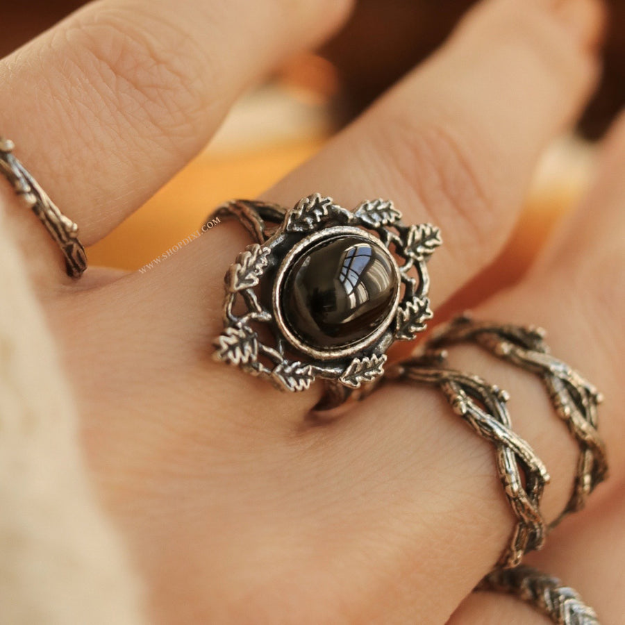 Gothic Witch Antiqued Thorn Branch Oak Leaf Midnight Black Autumn Aesthetic Ring