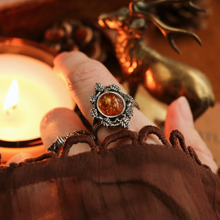 Nature Witch Gothic Antiqued Thorn Branch Oak Leaf Amber Autumn Aesthetic Ring
