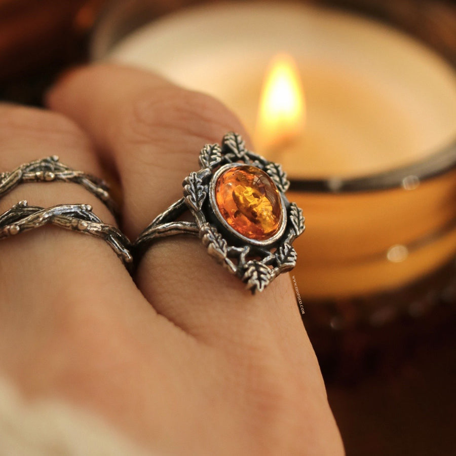 Nature Witch Antiqued Thorn Branch Oak Leaf Amber Autumn Aesthetic Ring