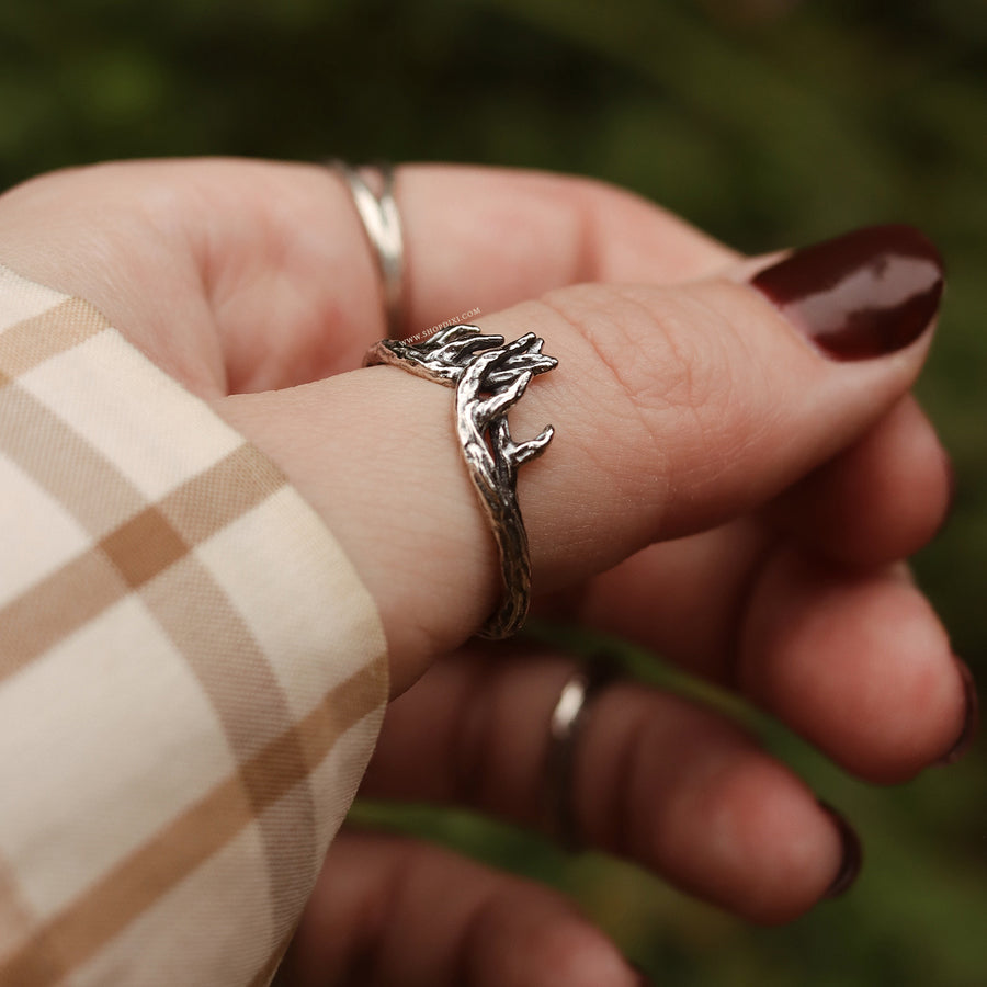 Sterling Silver Gothic Branch Antler Forest Witch Wishbone Thumb Stacking Ring