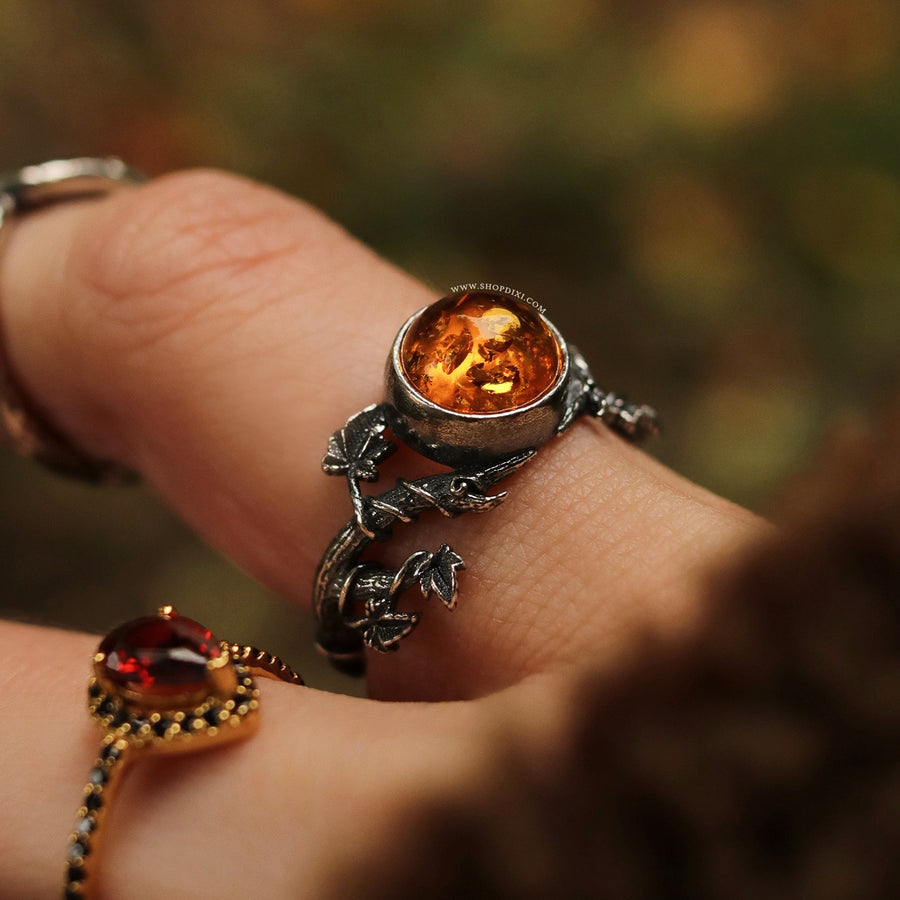 Shop Dixi Fall Aesthetic Jewelry Amber Antler Ivy Sterling Silver Ring