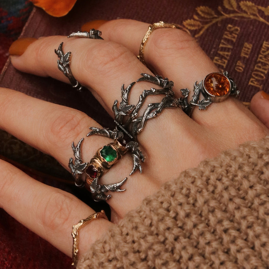 Sterling Silver Gothic Branch Antler Ivy Amber Autumnal Aesthetic Wishbone Stacking Ring