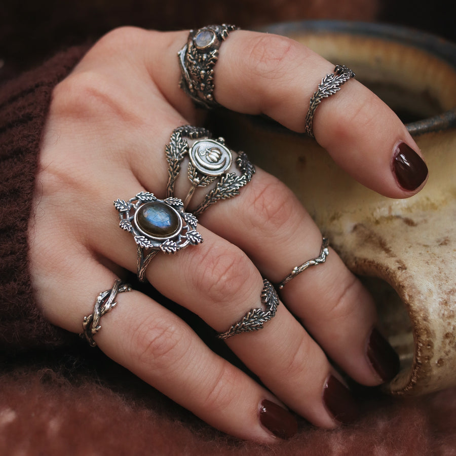 Witchy Gothic Dark Academia Vibes Antiqued Thorn Branch Oak Leaf Labradorite Autumn Aesthetic Rings