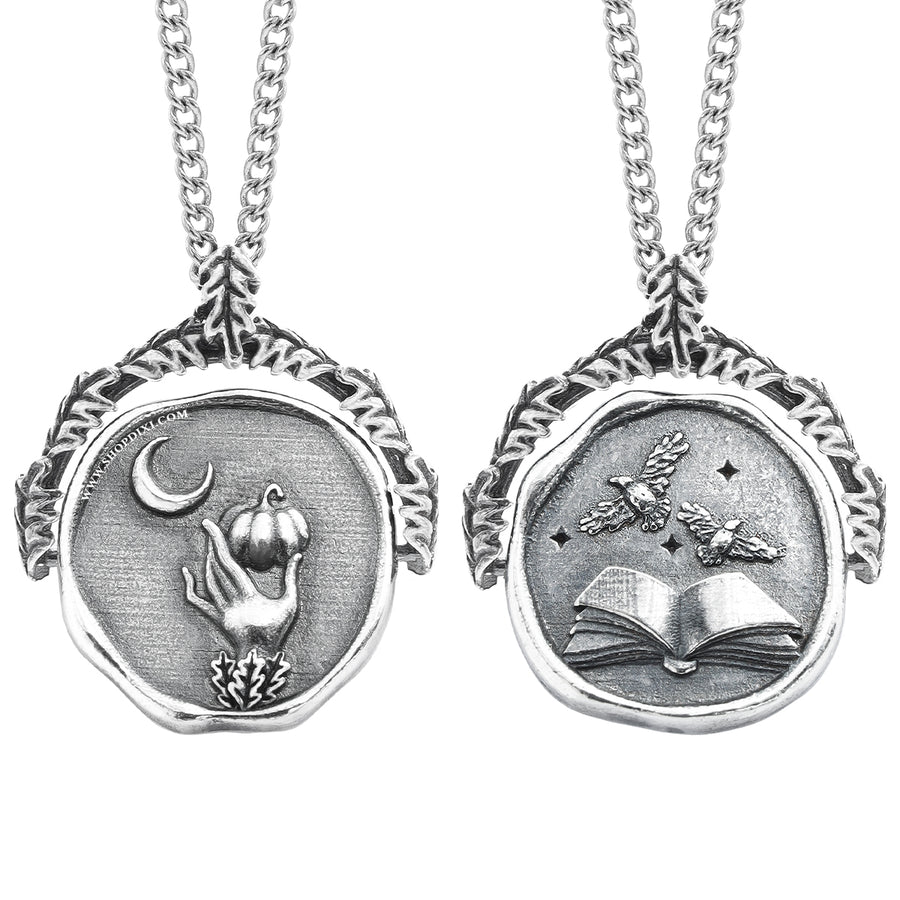 Vintage Aesthetic Nature Witch Pumpkin Crescent Moon Oak Leaf Raven Crow Necklace