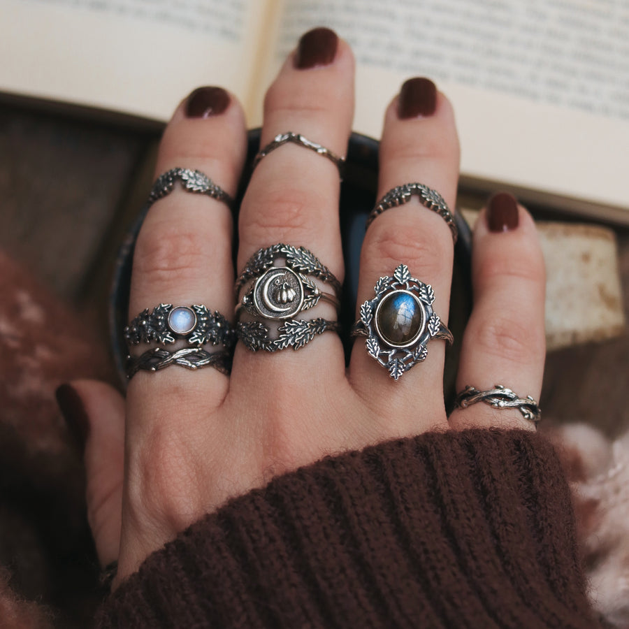 Dark Academia Witch Antiqued Thorn Branch Oak Leaf Labradorite Moonstone Autumn Aesthetic Ring