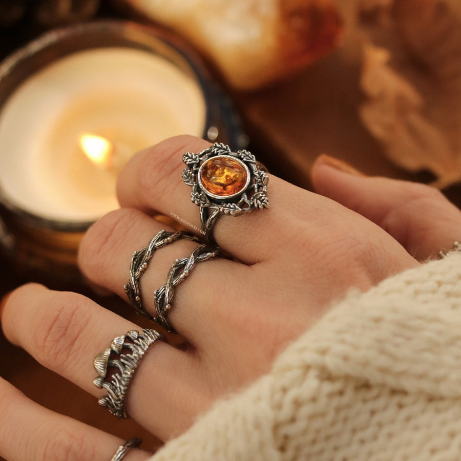 Nature Witch Antiqued Thorn Branch Oak Leaf Amber Autumn Aesthetic Ring