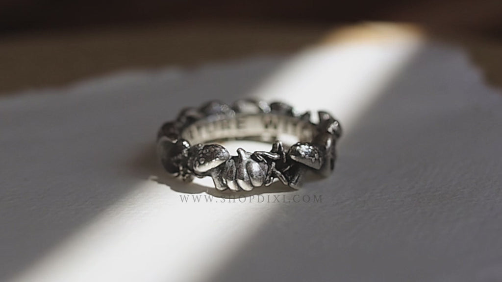 Video of Spinning Gothic Alt Silver Ring featuring Toadstools, Pentagrams, Crescent Moons, and Pumpkins.