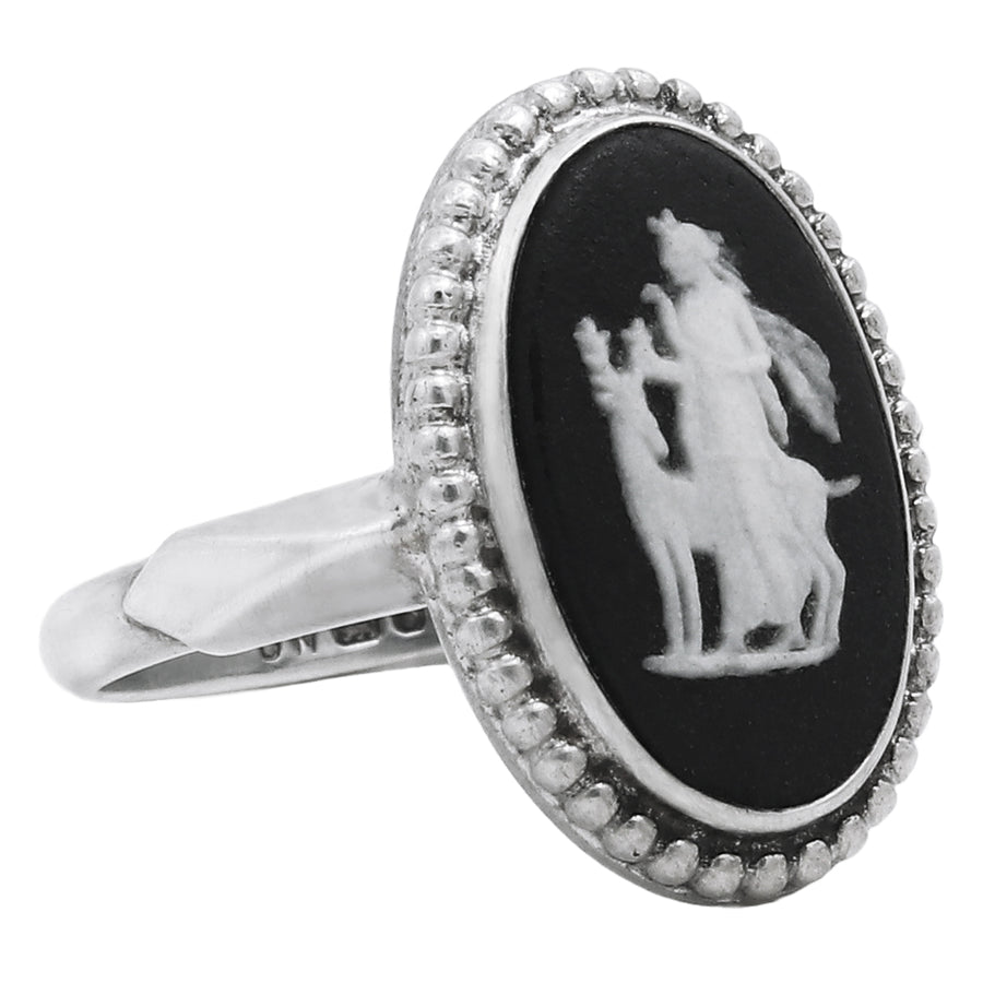 Vintage | 	Diana and Stag Black Wedgwood Cameo Ring