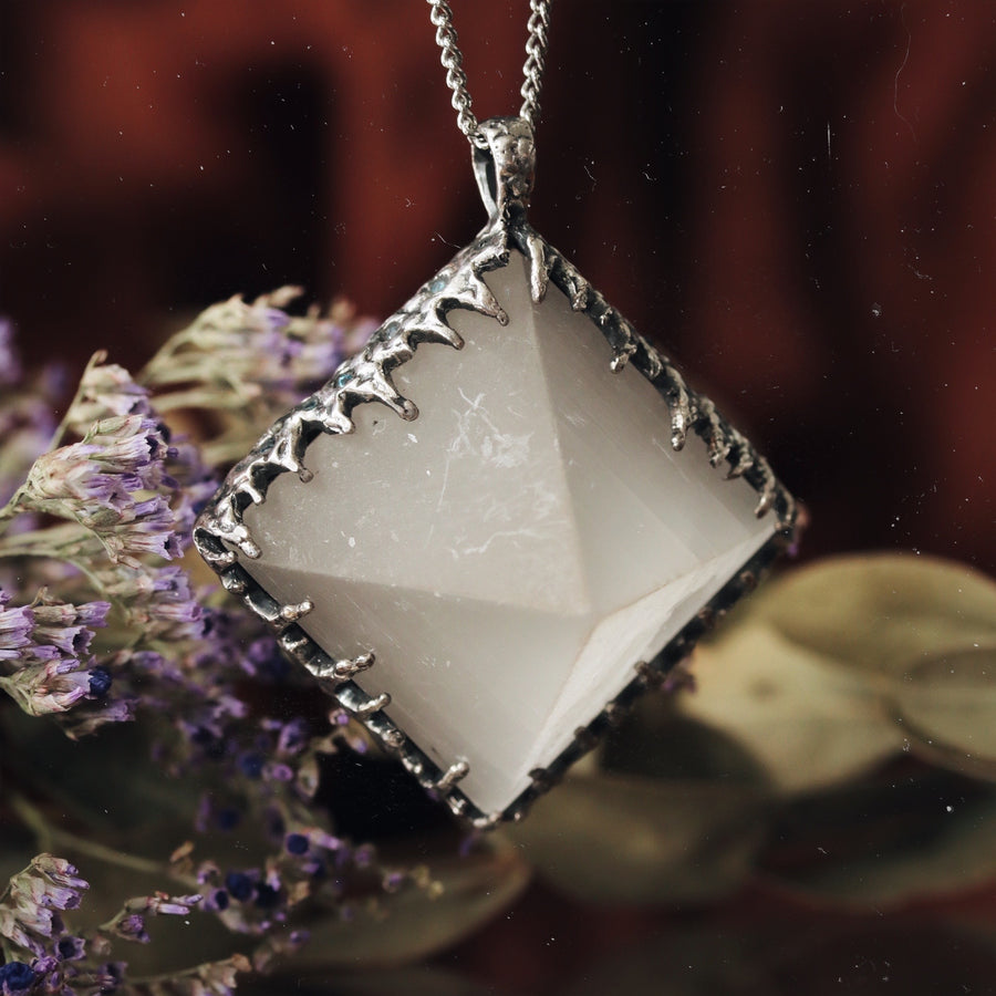 Sacred Selenite Icicle Crystal Pyramid Necklace #02