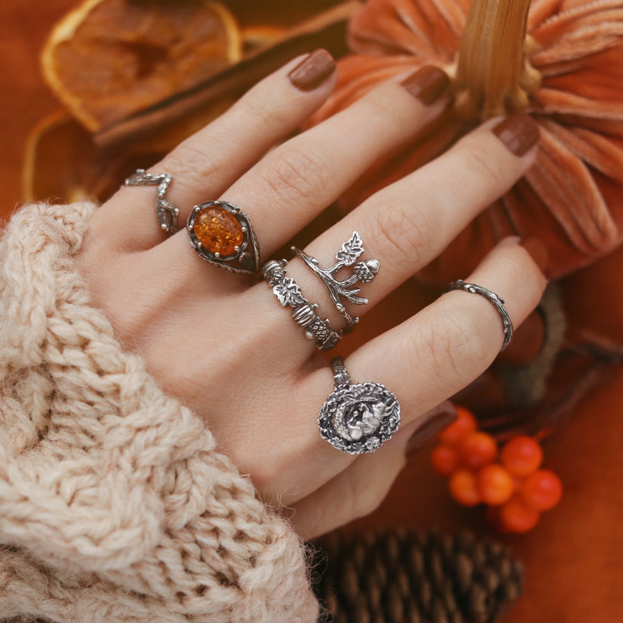 Autumn Inspired Pumpkin and Forest Creature Sterling Silver Rings