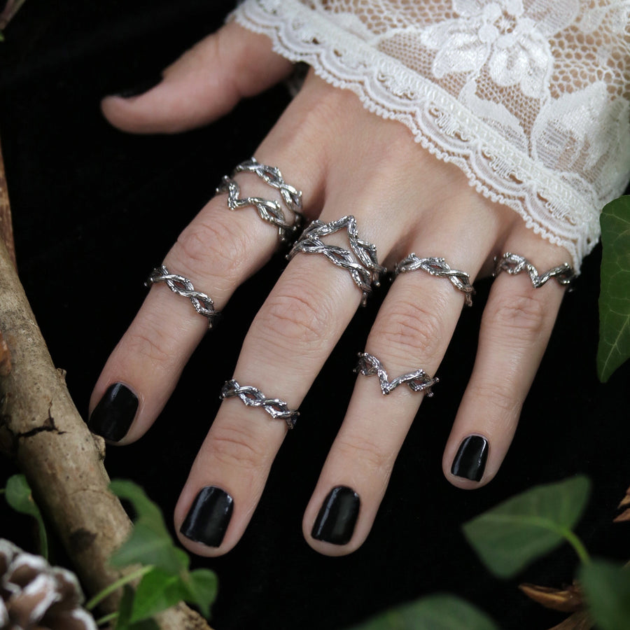 Dark Academia Gothic Thorn Branch Twig Stacking Sterling Silver Rings from Shop Dixi