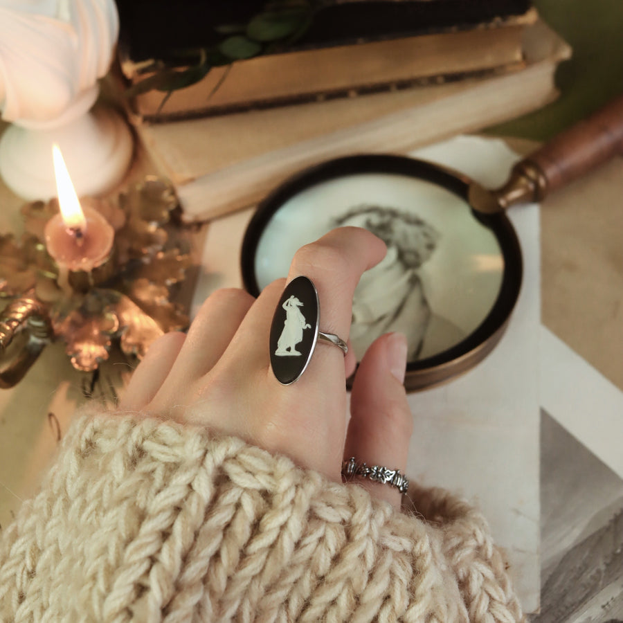 Vintage | 	Classical Woman Black Wedgwood Cameo Ring