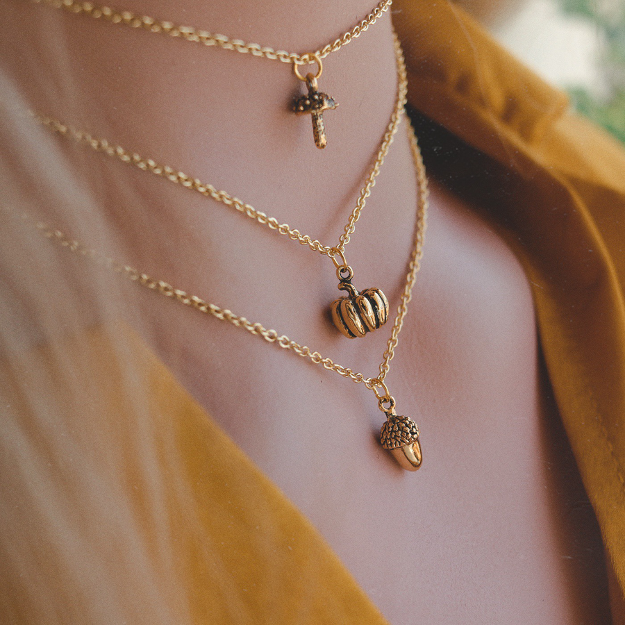 Layered Gold Autumnal Pumpkin Toadstool and Acorn Necklaces