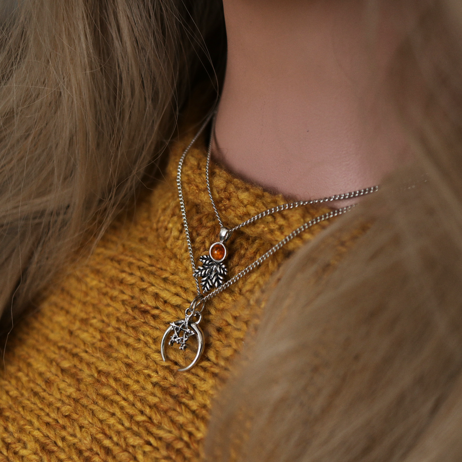 Nature Witch Gothic Autumn Aesthetic Silver Leaf Crescent Moon Pentagram Necklace