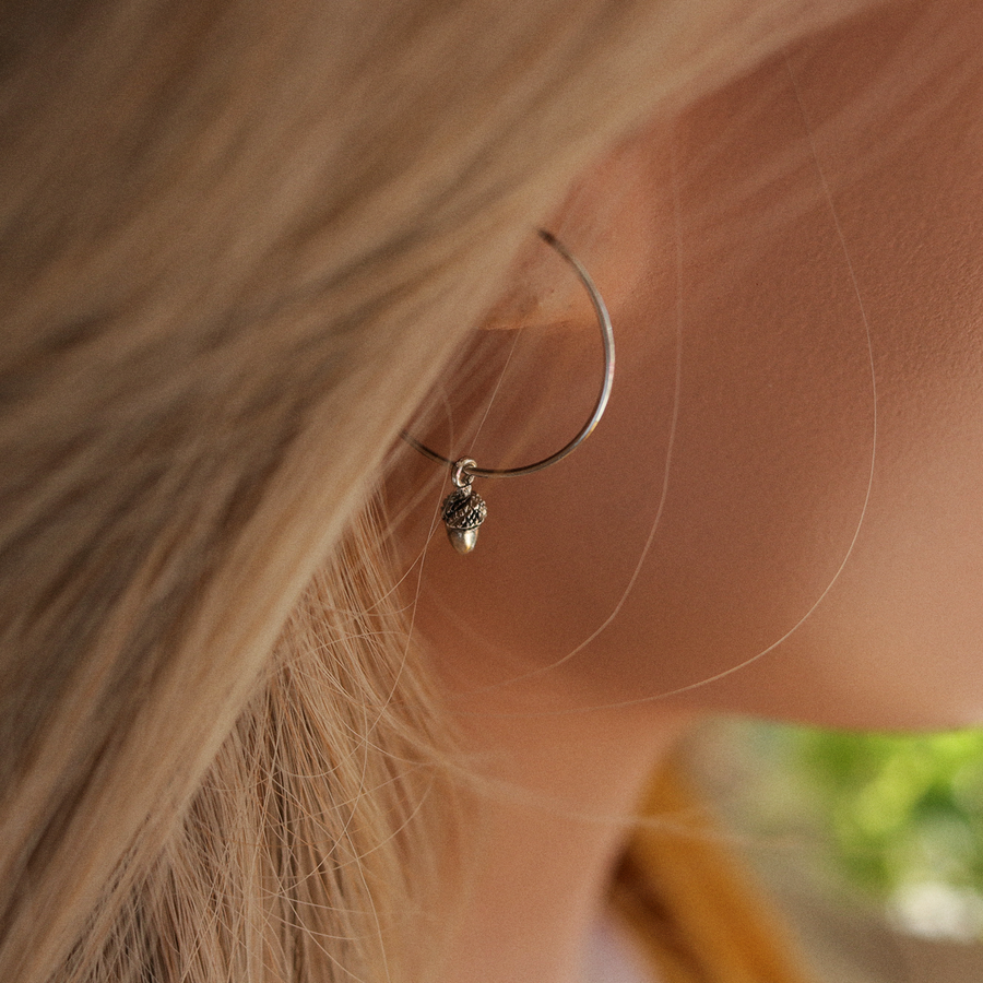 Delicate Nature Inspired Tiny Acorn Hoop Earrings from Shop Dixi